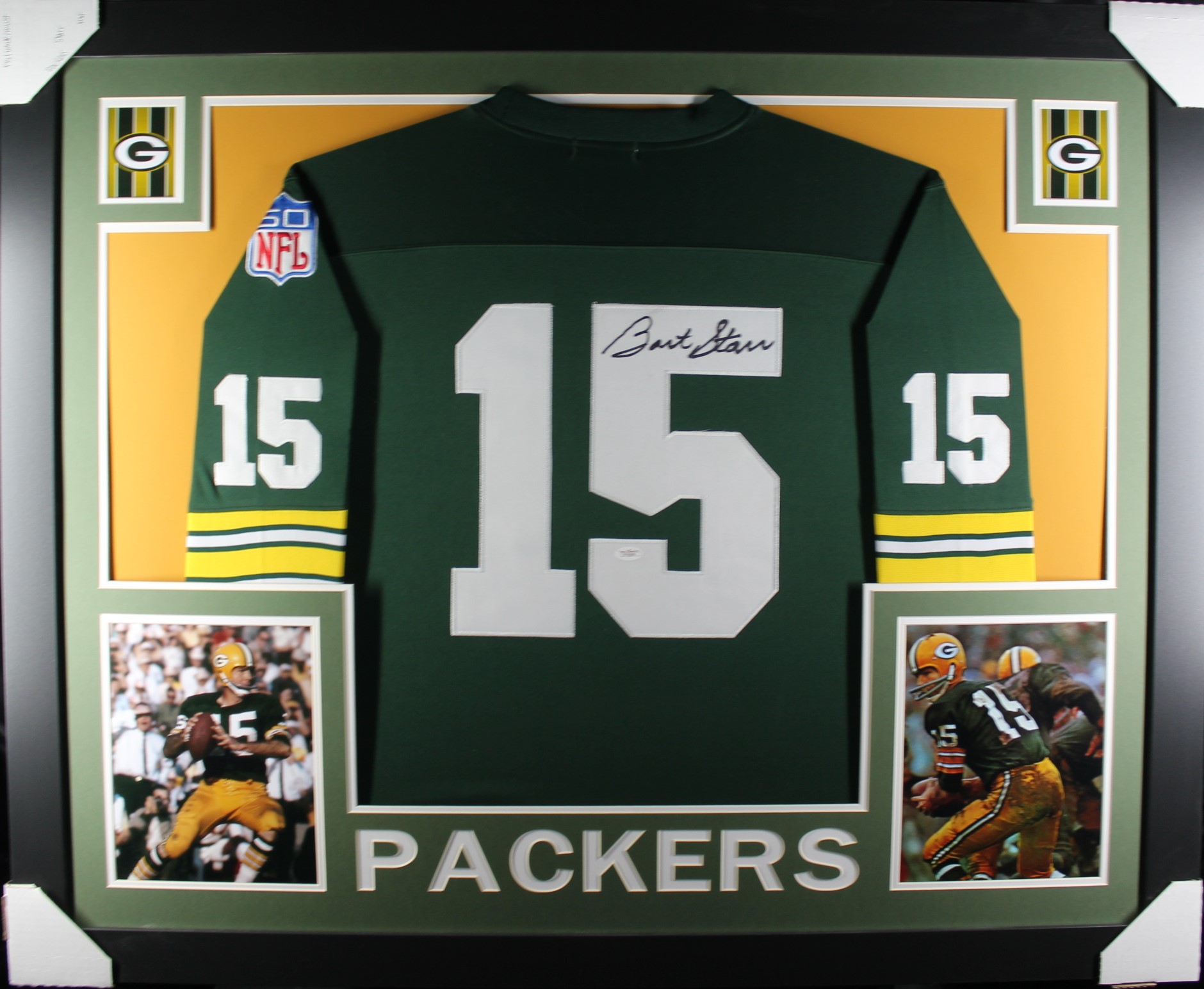 Bart Starr Autographed Pro Style Framed Green Jersey 35x43 JSA